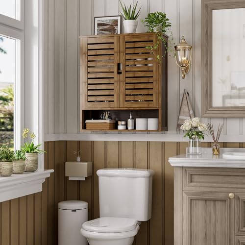 SMIBUY Walnut Wall-Mounted Bathroom Cabinet Over-The-Toilet Storage Organizer