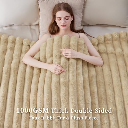 HaloRest Faux Fur Throw Blanket Beige 80x90 Inches - Thick, Plush, Double-Sided Warm Blanket