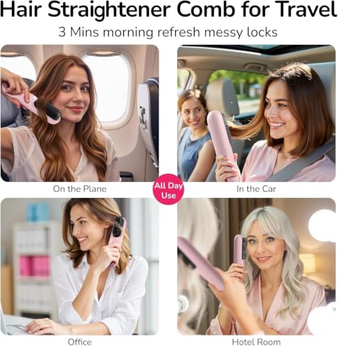 Cordless White Hair Straightener Brush with LCD & 7 Heat Settings – Travel & Daily Styling