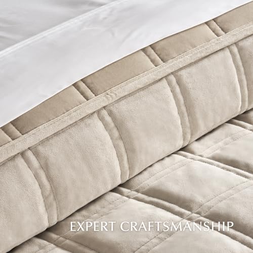 Double Box Stitch Velvet Quilt Set - King Beige Luxurious Bedding with Sham, Oversized