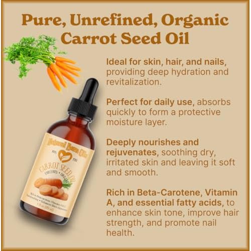 Natural Born Oils Carrot Seed Oil, 2oz, Organic, Cold-Pressed, Rich in Vitamins A & E, Ideal for Skin Rejuvenation, Hair Luster