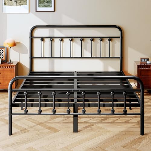Queen Size Metal Bed Frame with Victorian Headboard & Footboard (Zunatu)