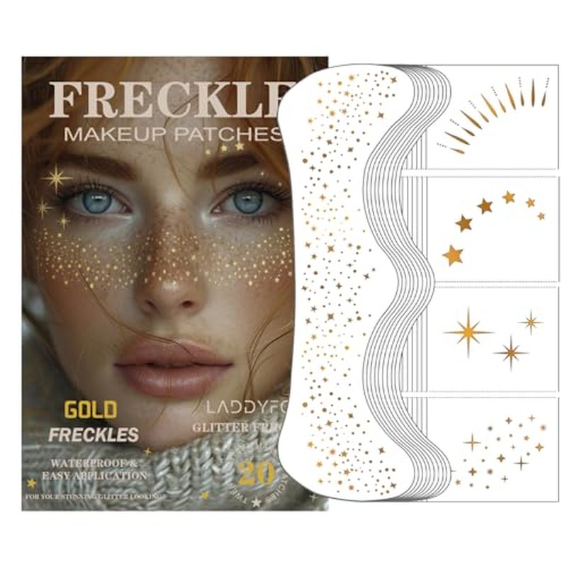 20 Pcs Gold Face Makeup Patches, Glitter Freckles Face Tattoo Gold Makeup, Glitter Freckles, Sparkle Makeup Patches, Waterproof Face Glitter Temporary Tattoos for Women and Girls