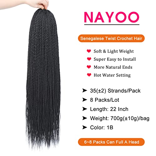 NAYOO Senegalese Twist Crochet Hair 22 Inch 8 Pack for Black Women, Hot Water Curlable, 1B