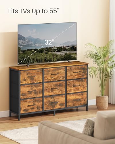 SONGMICS Dresser with 9 Fabric Drawers and TV Stand for Up to 55 Inches - Rustic Brown + Ink Black 11.8"D x 44.8"W x 26.8"H