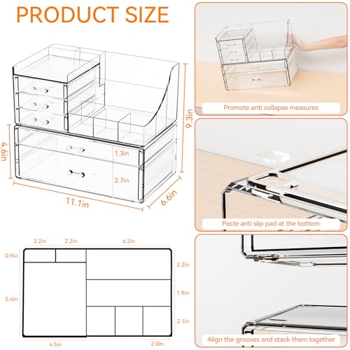 Yieach 2 Pack Clear Makeup Organizer Countertop for Dresser,Vanity and Bathroom Counter Organizer,Tiered Stackable Makeup Acrylic Organizers with 5 Drawer for Skincare,Brush and Make up Holders