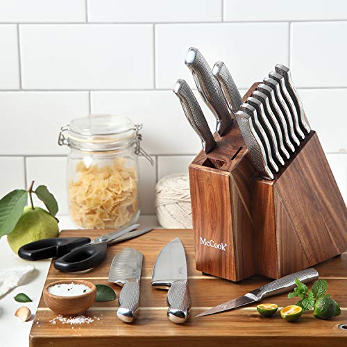 McCook 17-Piece Knife Set with Built-in Sharpener, Stainless Steel & Acacia Block