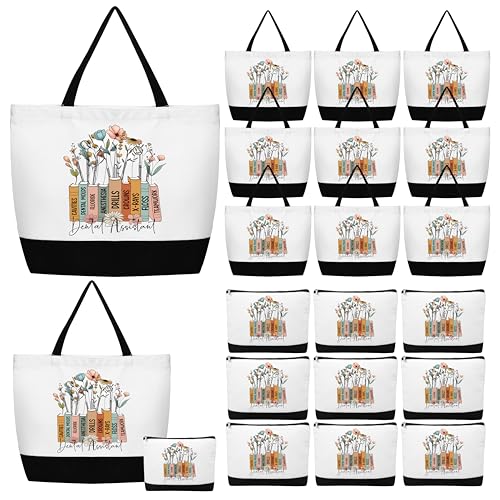 Hillban 5 Sets/10 Sets Dental Assistant Gifts Bulk Canvas Reusable Grocery Tote Bags Cosmetic Bags with Zipper for Women(10 Sets)