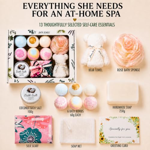 Luxury Bath Bombs & Spa Gift Set for Women - Self-Care Kit with Salts, Handmade Soap & Towel