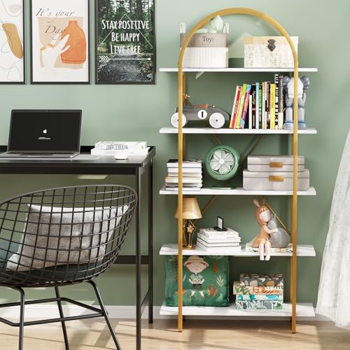 Gold 5-Tier Arched Bookshelf - Industrial Style Curved Tall Bookcase, 31.5 Inch Width