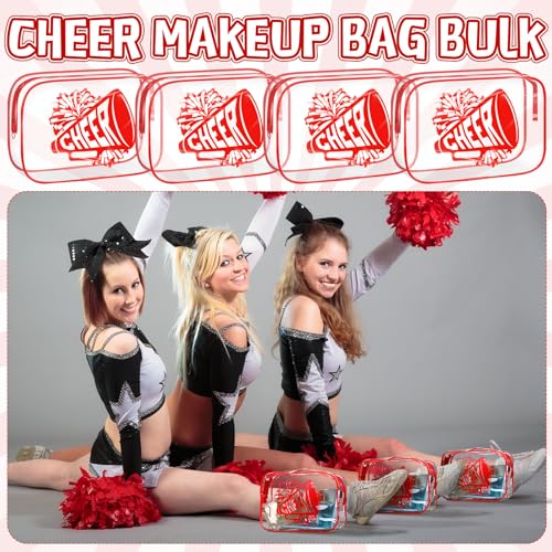 Kacctyen 24 Pcs Cheer Team Gifts Cheer Makeup Bag Bulk for Team Sport Gifts PVC Clear Cosmetic Bag Cheerleader Makeup Case Toiletry Zipper Pouch for Sport Cheerleading, 7x4.7x2.4''(Red)
