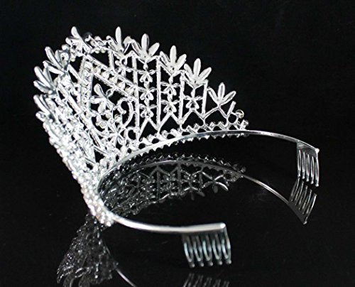 Silver Plated Daisy Austrian Rhinestone Tiara with Hair Combs - Bridal Prom Wedding Jewelry
