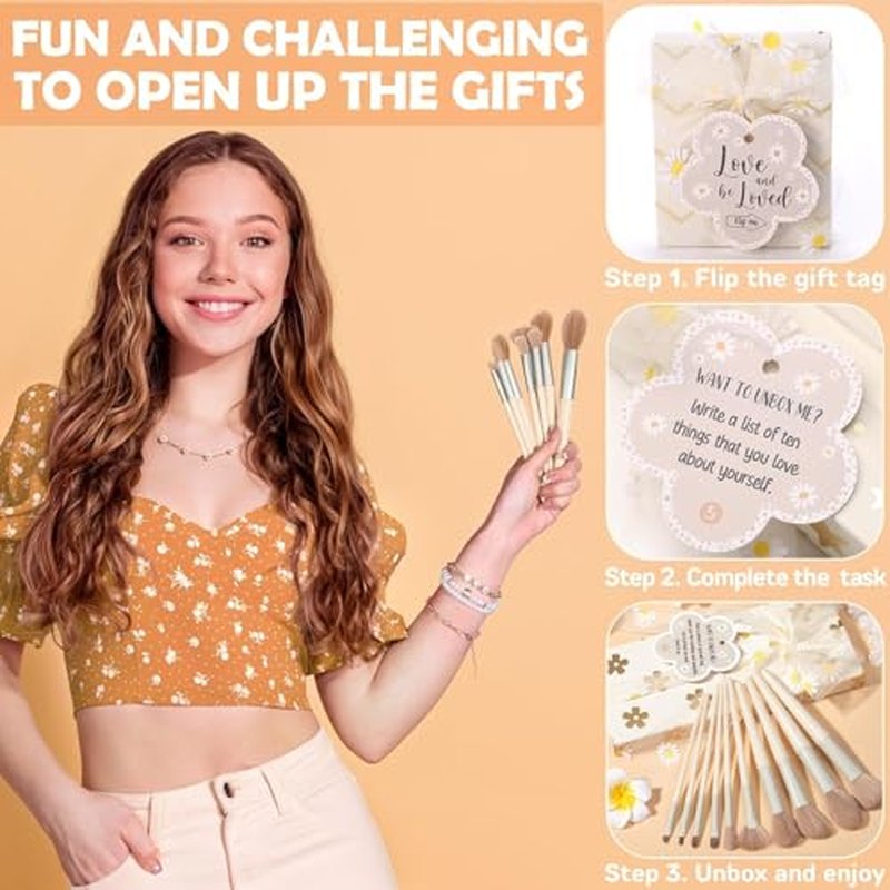 Christmas Gifts for Tween & Teen Girls - 8 PCS Birthday Gifts Basket Teen Girls Trendy Stuff w/ Fun Task Tags Make up Brushes & Bag, Empower Advent Calendar Wrapped Gifts Box for Daughter Niece Sister