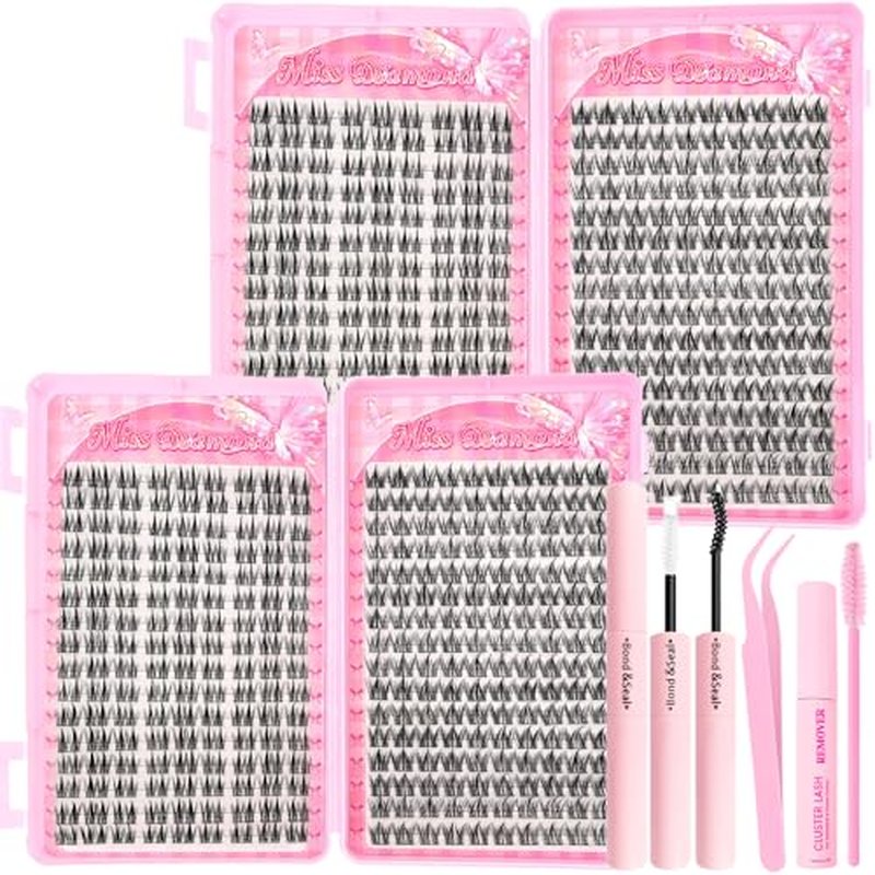 Lash Clusters Kit 608pcs, Natural Wispy DIY Eyelash Lashes Clusters Manga Extensions Kit, Spiky Lash Clusters D Curl with Lash Glue Brush Tweezer Remover