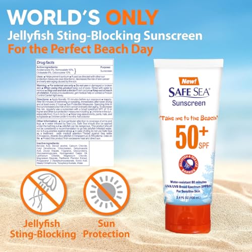 SAFE SEA Anti-Jellyfish Sting & Sun Protection Lotion 3.4 oz Pack of 2 SPF 50+ for Adults