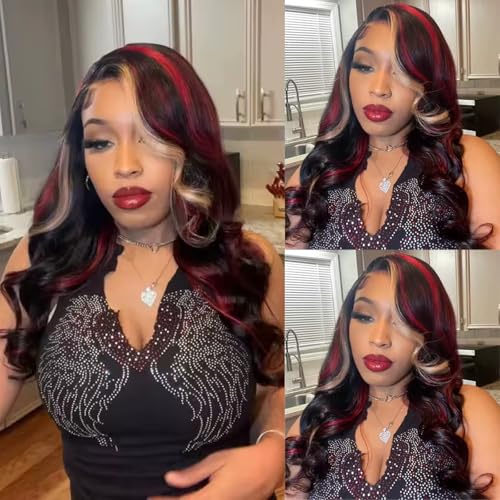 EVLYNN 26in 13x4 HD Lace Front Wig - Black Red with Blonde Highlight, Pre-Plucked, Baby Hair, Wavy Skunk Stripe