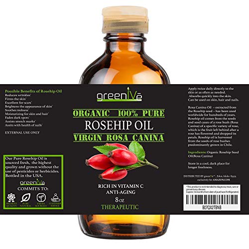 GreenIVe Organic Rosehip Oil 8 Fl Oz - Pure Cold Pressed Skin & Hair Treatment