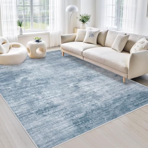 Blue 6x9 Washable Modern Abstract Area Rug - Non Slip, Stain Resistant for Living Room, Bedroom, Kitchen, Office