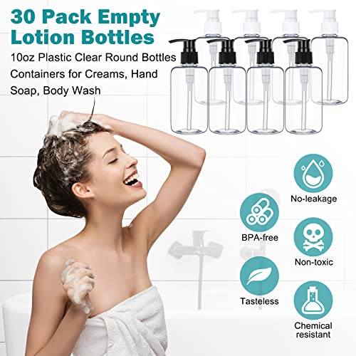 30 Pack 10 oz Plastic Pump Dispenser Bottles Clear Black & White