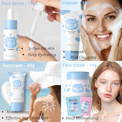 Milk Skin Care Kit Teenage Girls Gifts - 11PCS Skin Care Set Nourishing - Skin Care for Teens 10-12 - Smooth & Hydrating Skincare Gift Set - with Toner,Eye Cream,Serum,Facial Sponges,Headband