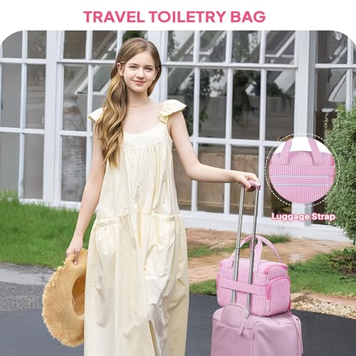 YOOLIFE Travel Toiletry Bag for Women, Initial Hanging Toiletry Bag for Teen Girls, Birthday Gifts for 10 11 12 13 14 15 16 17 Year Old Girls, Pink (A)