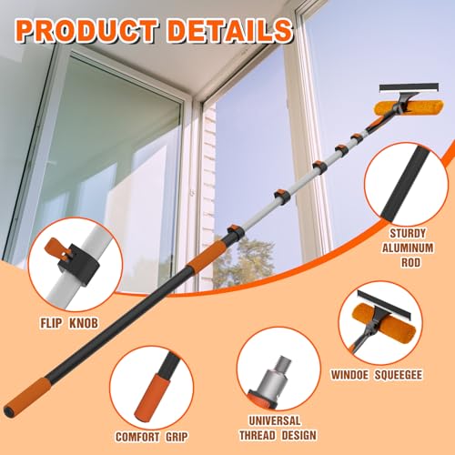 30FT Reach Window Squeegee Kit with 2-in-1 Washer & Rotatable Head - Includes 24FT Extension Pole