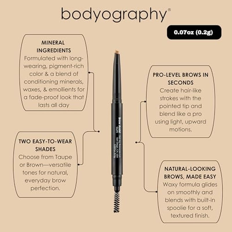 Bodyography Brow Assist ? Brown | Triangular Tip Eyebrow Pencil for Women with Built-In Spoolie | Defines, Fills & Shapes Brows | Mineral-Based Formula with Castor & Coconut Oil | Clean, Vegan