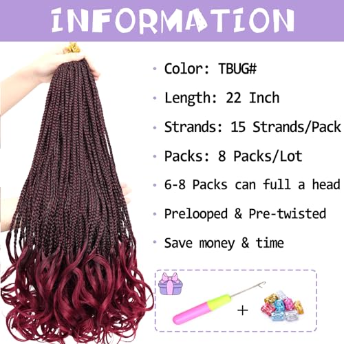 French Curl Crochet Braids - 22 Inch 8 Pack Goddess Box Braids for Women - Pre Looped Synthetic Hair (1B/BUG)