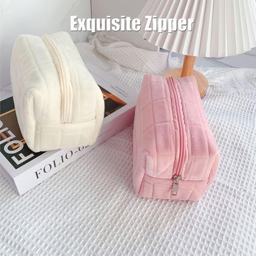 Pink White Checkered Y2K Makeup Cosmetic Bag - Small Plush Travel Pouch