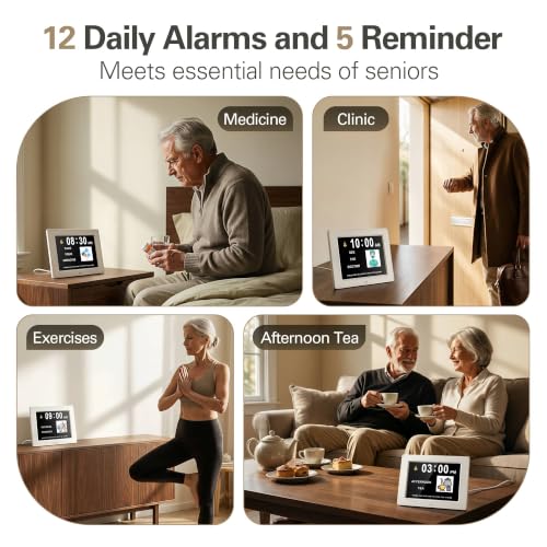 White 12-Inch Digital Calendar Day Clock for Seniors with Auto-Dimming & 12 Alarms
