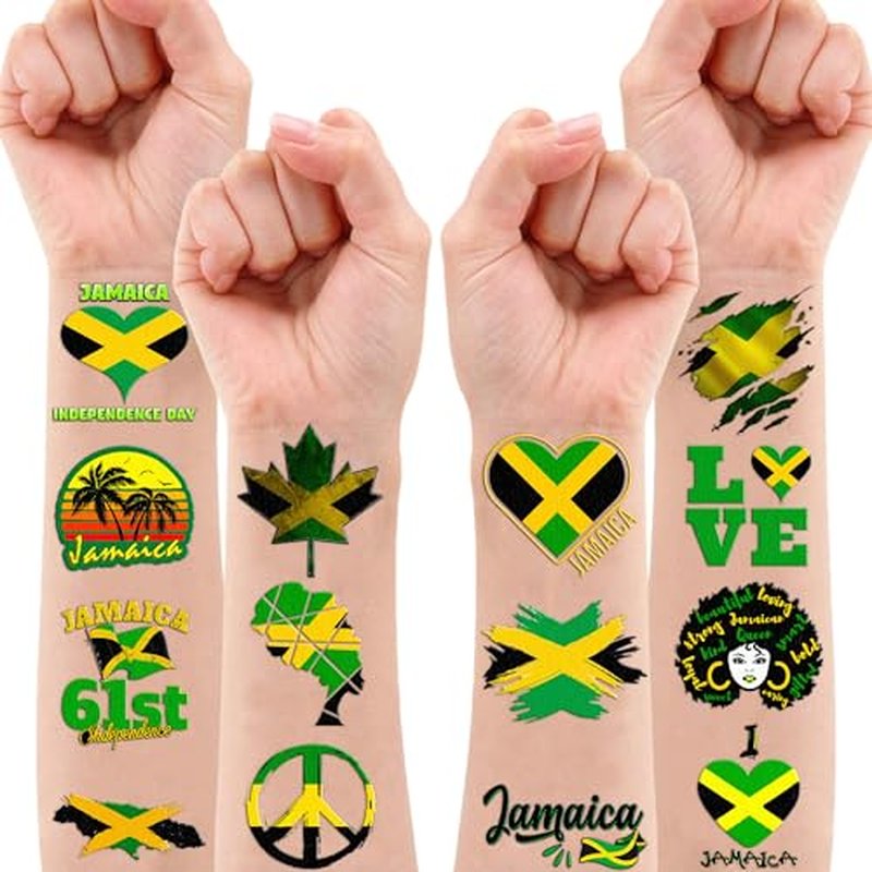 100 PCS Jamaica Flag Temporary Tattoos Themed Birthday Party Decorations Supplies Favors Decor Yellow Green Jamaican Palm Tree Tattoo Stickers Gifts For Game Kids Boys Girls Classroom School Prizes