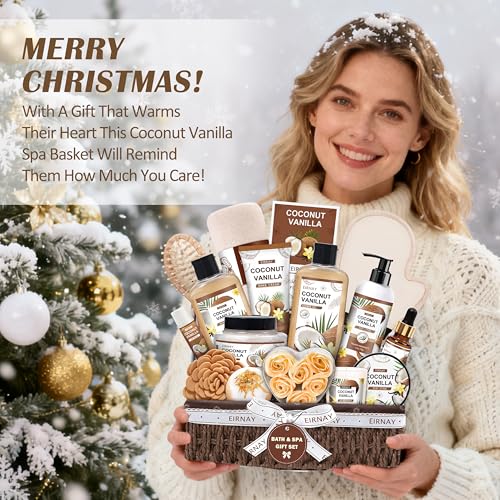 Spa Gift Set for Women - Coconut Vanilla Self Care Basket with Shower Gel & Bath Products