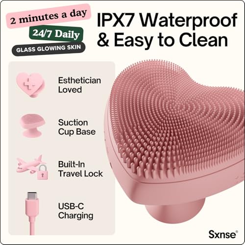 Heart Face Clean Pro? - Electric Silicone Facial Scrubber for Acne with 7000+ Sonic Pulses - IPX7 Waterproof Rechargeable Exfoliator with Slip-Free Grip, 3 Speed Settings & Phthalate-Free - Rose
