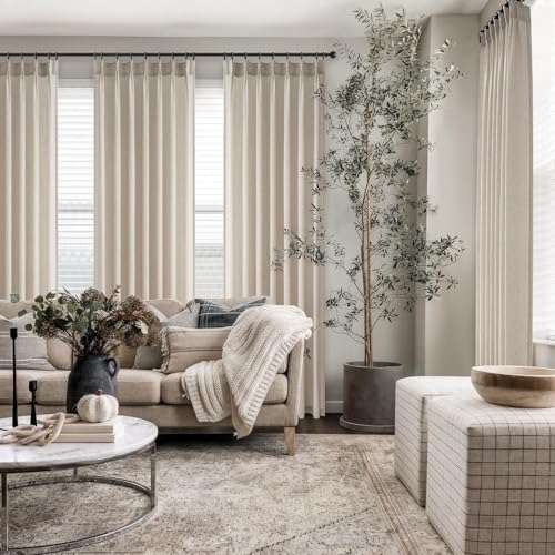 Oatmeal 102-Inch Curtains Set - 2 Panels Linen Look Semi Sheer Privacy Drapes