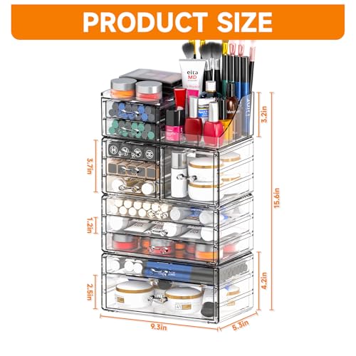 11 Drawer Acrylic Makeup Organizer Set - Stackable Cosmetic Storage for Vanity & Bathroom - Large Plastic Skincare Drawer Bins - 4-Pack