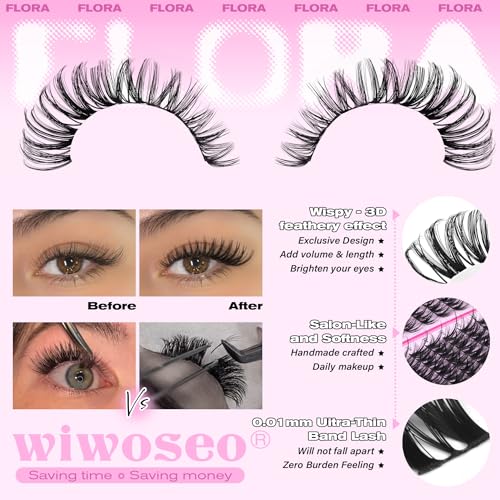 wiwoseo Flora Lash Clusters Kit Wispy Eyelash Clusters D Curly Flaunt Eyelash Extensions Kit DIY Lash Extension Kit Natural Individual Lashes Clusters with Clear Bond and Seal for Beginners (10-14MM)