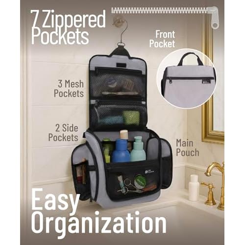 D&D Hanging Travel Toiletry Bag for Men and Women - Extra Large Hanging Shower Bag and Toiletries Organizer Kit with 10 Compartments, Quality Zippers, XXL Metal Swivel Hook, Water-Resistant Nylon
