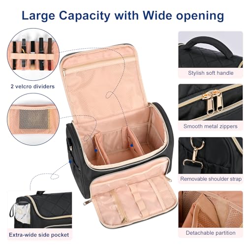 Travel Toiletry Bag Large Cosmetic Makeup Bag Organizer for Women,Wide-open Make Up Bag Waterproof Makeup Case Travel Bag with Handle and Dividers for Toiletries,Essentials,Accessories,Black