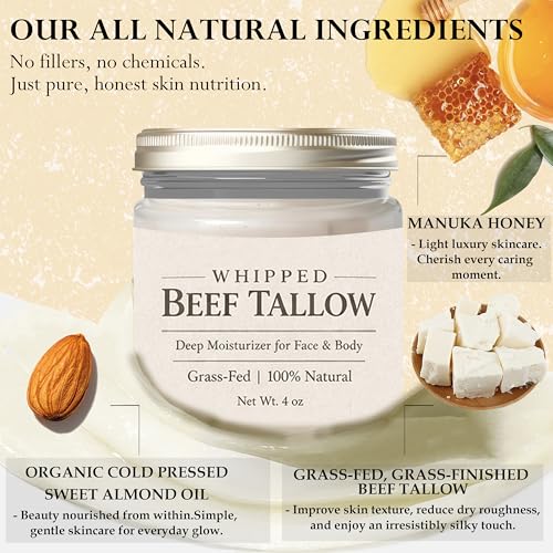 Whipped Face and Body Moisturizer with Grass-Fed Beef Tallow & Honey 4oz - Unscented, Hydrating Skincare