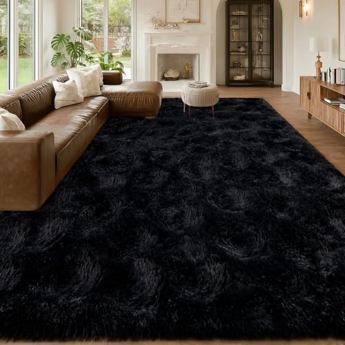 Black 8x10 Area Rug for Living Room - Fluffy Non-Slip Bedroom Carpet