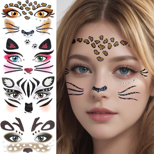 Halloween Face Tattoos Stickers - Leopard, Cat, Elk, Zebras Temporary Tattoo Sticker Halloween Face Gem Self-Adhesive Sticker for Festival Holiday Party Cosplay Decoration 4 Pcs