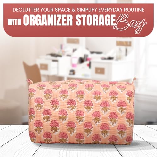 Cotton Hand Block Floral Print Toiletry Bag For Women Make Up Cosmetic Bag Jewelry Organizer Kit Storage Case Travel Accessories Essential Toiletries Purse Pouch (Orange - Set of 3 Small Medium Large)