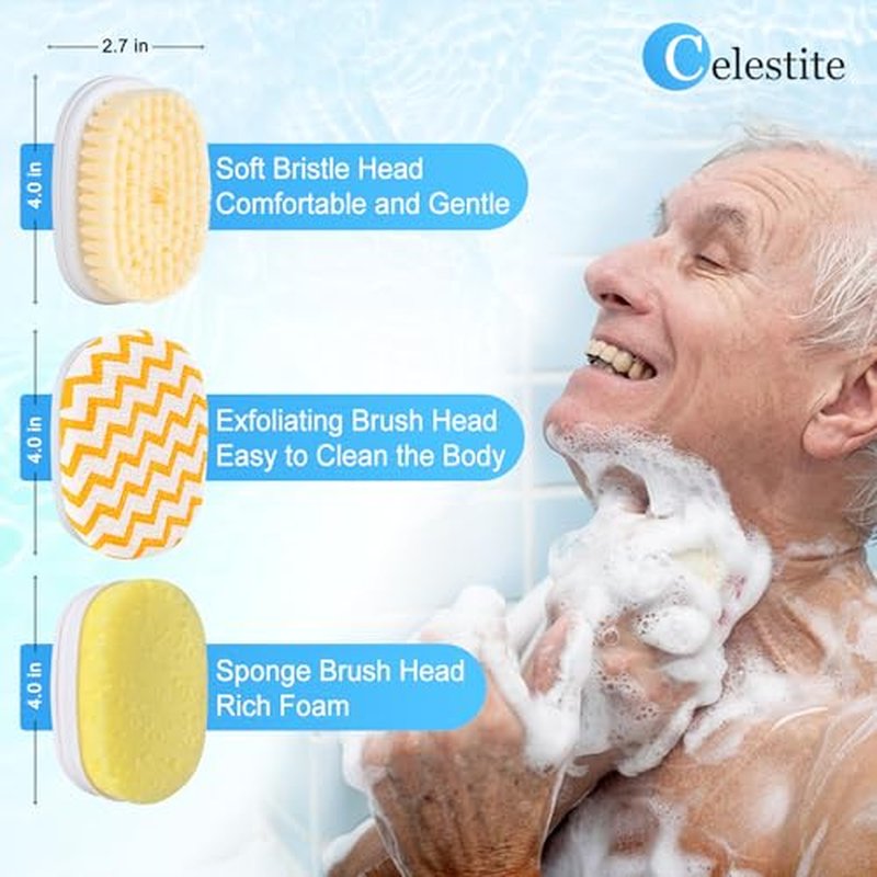 Celestite 20¡± Long Handle Shower Brush for Body, Back Scrubber for Shower with 3 Pcs Brush Heads, Exfoliation and Improved Skin Health Suitable for Women, Men, Elderly (White)