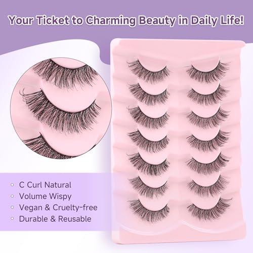 Wispy Lashes Natural Cat Eye Lashes 14mm False Eyelashes Thin Memory Band Volume False Lashes Soft Strip Lashes Pack C Curl Natural Eyelashes Fake Eyelashes 7 Pair EVENTILL