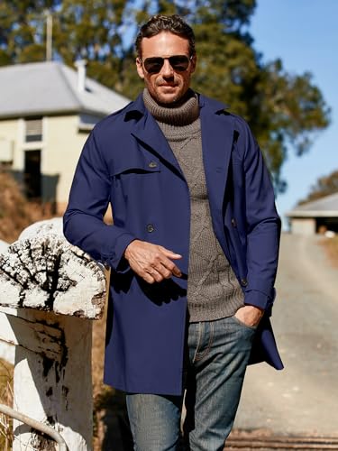 Men's Navy Blue Trench Coat Long Windproof Jacket with Belt - Large