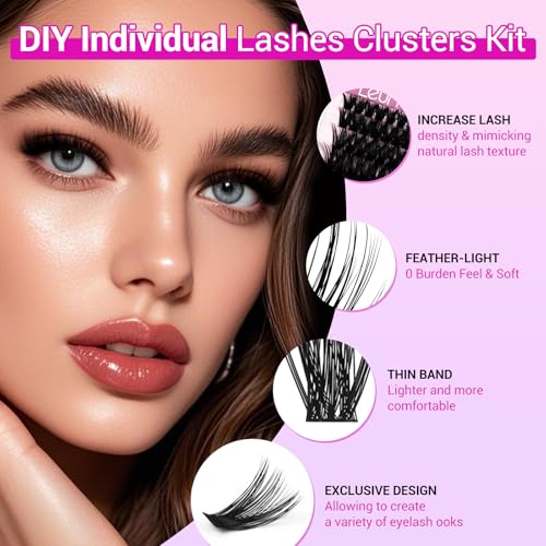 Lash Clusters Kit Wispy Lash Clusters 30D-100D 708pcs Individual Lashes Clusters Kit 8-16mm Natural Eyelash Clusters With Thin Band Soft Cluster Lashes Lash Bond and Seal Tweezers & Brush