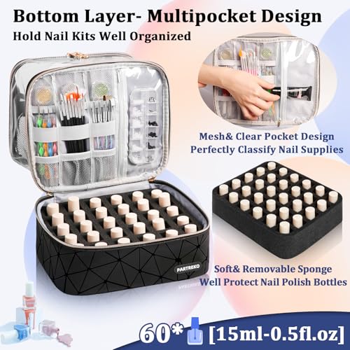 Black Double-Layer Nail Polish Organizer Bag Holds 60 Bottles & UV Lamp