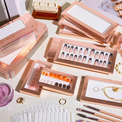 Yeaqee 100 Pieces Empty Nail Package Box with 100 Pcs White Background Papers Empty Nail Tip Box Packaging with 240 Pcs Adhesive Double Sided Tape Set for Press on Business Salon(X-Large)