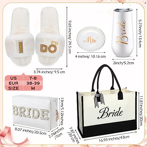 Toulite 6 Pcs Bridal Shower Gift Set Including Slide Slippers Wedding Tote Pearl Rhinestone Cosmetic Bag Bridal Robe Wedding Tumbler Ceramic Jewelry Dish Tray for Engagement Bachelorette Party