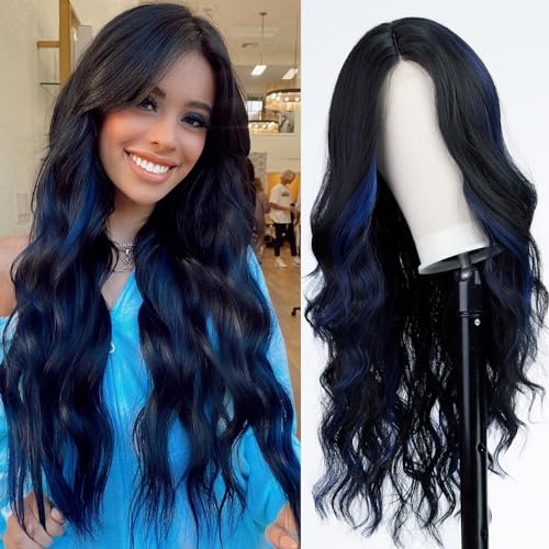 Long Wavy Black Wig with Blue Highlights - 26 Inch Synthetic Heat-Resistant Hairpiece for Daily & Party Use